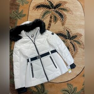 Stunning ❄️💅🏻✨ Michael Kors White Winter Coat MK Jacket Black Fur S M L XL